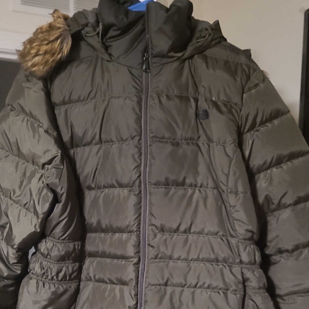 Warm Olive Puffer Coat with Faux Fur Hood